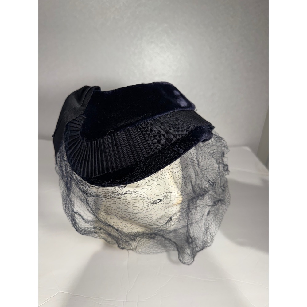 Vintage Camille Vinci Paris Navy Velvet Pillbox Hat Birdcage Veil France Bow